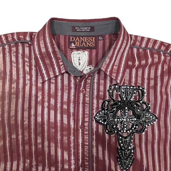 Other - Danesi Jeans Western Maroon Striped Embroidered Big Cross Button Down Shirt XL